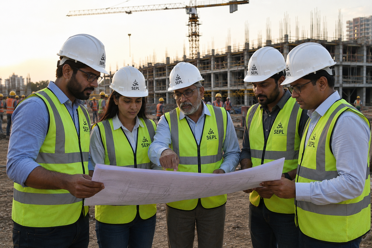 Engineers reviewing project plans on site